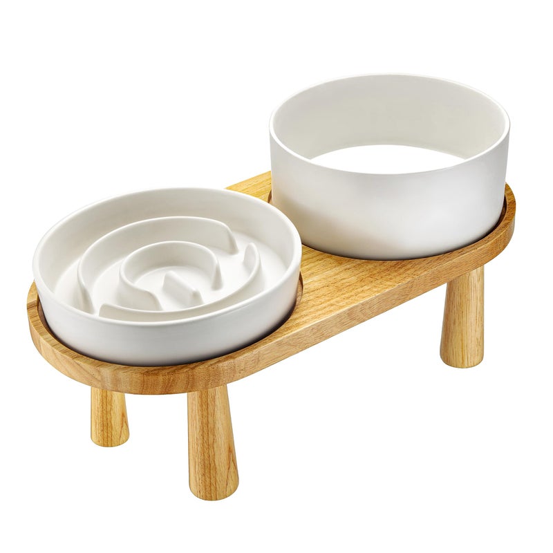 MOPANG Ceramic Slow Feeder and Water Bowl Set for Medium and Large Dogs, 8.0 Inches Ceramic Dog Bowls Elevated with Wooden Stand, 2.0 Cups Dog Slow Feeder(30oz) and 70oz Water Bowl Set, White - Image 1