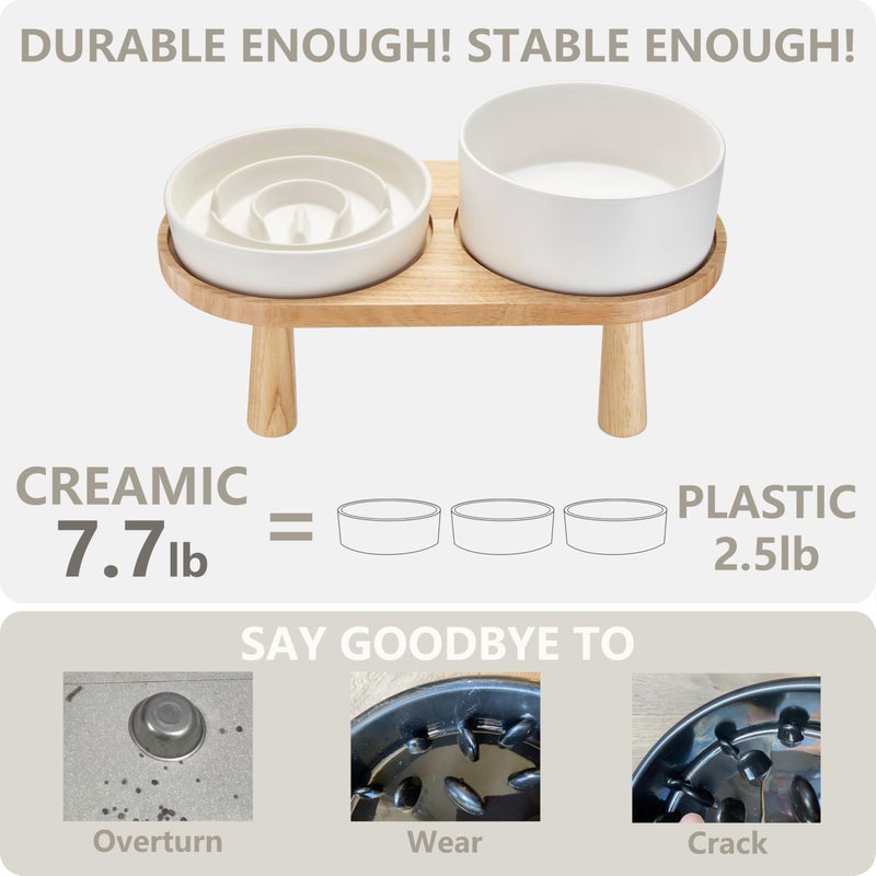 MOPANG Ceramic Slow Feeder and Water Bowl Set for Medium and Large Dogs, 8.0 Inches Ceramic Dog Bowls Elevated with Wooden Stand, 2.0 Cups Dog Slow Feeder(30oz) and 70oz Water Bowl Set, White - Image 4