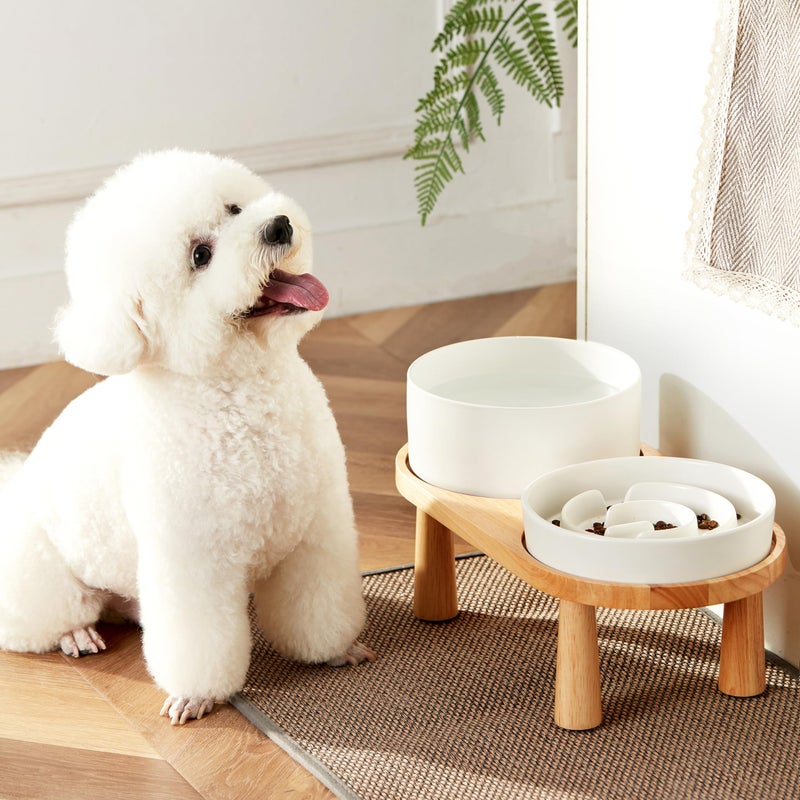 MOPANG Ceramic Slow Feeder and Water Bowl Set for Medium and Large Dogs, 8.0 Inches Ceramic Dog Bowls Elevated with Wooden Stand, 2.0 Cups Dog Slow Feeder(30oz) and 70oz Water Bowl Set, White - Image 2