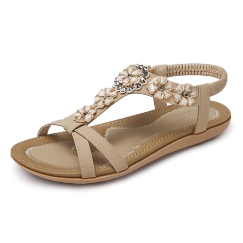 SHIBEVER Flat Sandals for Women Dressy: Size 8 Summer Comfort Flower Dress Sandals- Comfortable Walking Boho Flats Womens Sandal Apricot - Image 1