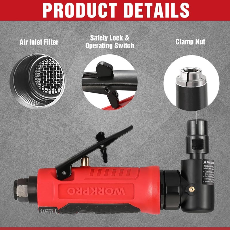 WORKPRO Air Angle Die Grinder, 1/4-Inch Pneumatic Right Angle Die Grinder, 20000RPM, Air-Powered 90 Degree for Grinding, Cutting, Polishing, Welding Repair, Deburring, 1/4" & 1/8" Collets Included - Image 3