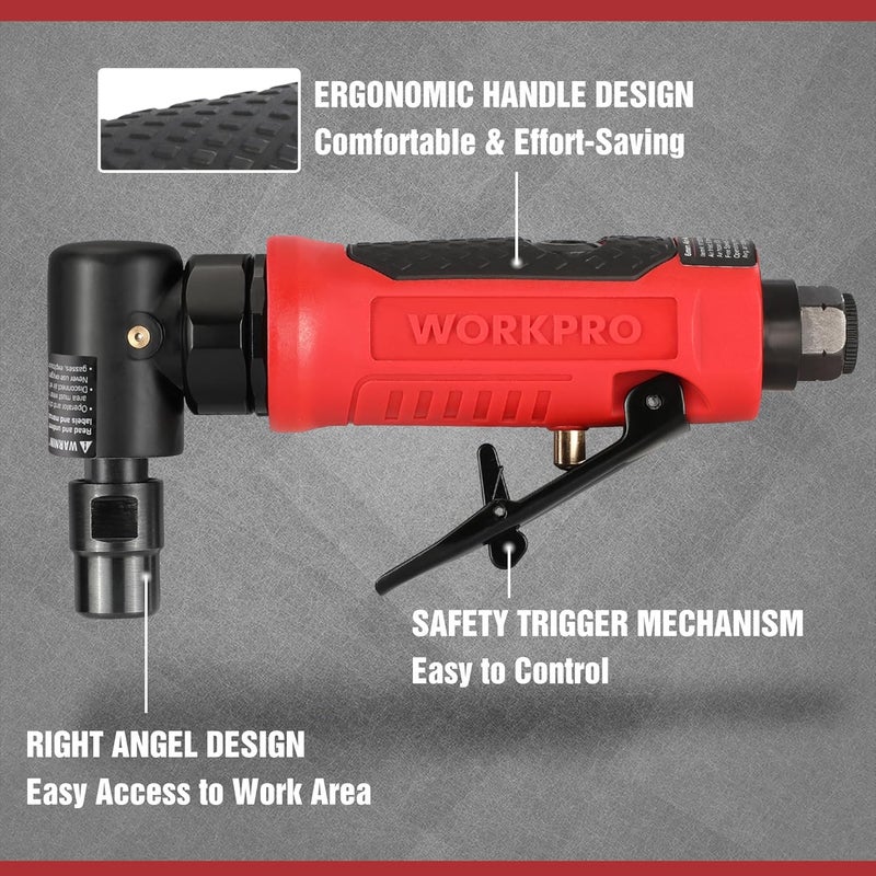 WORKPRO Air Angle Die Grinder, 1/4-Inch Pneumatic Right Angle Die Grinder, 20000RPM, Air-Powered 90 Degree for Grinding, Cutting, Polishing, Welding Repair, Deburring, 1/4" & 1/8" Collets Included - Image 4