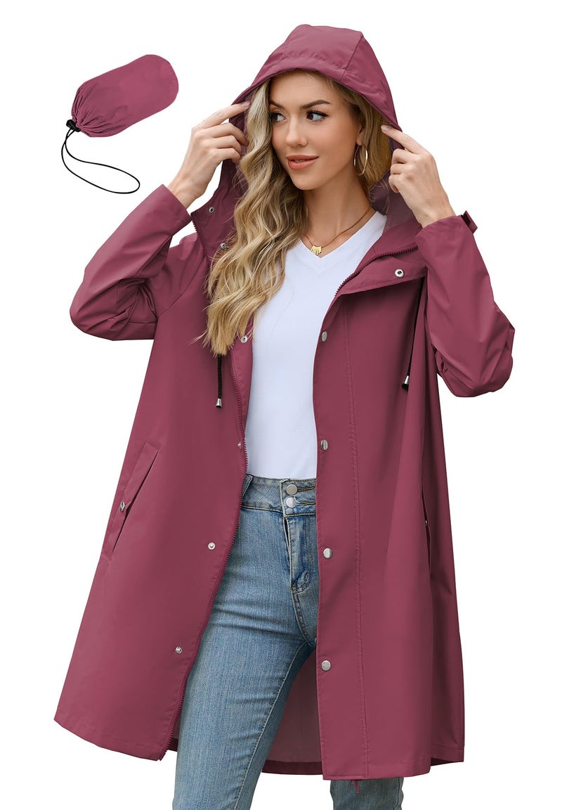 Zando Lightweight Rain Coats for Women - Packable Raincoat Rain Jacket Women Waterproof Long Womens Rain Coat Windbreaker Jacket for Outdoor Commuting Hiking Casual Gifts Wine Red L - Image 1