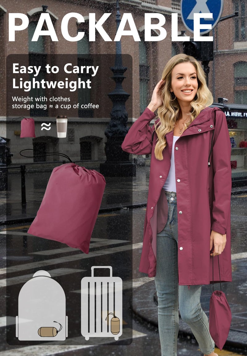 Zando Lightweight Rain Coats for Women - Packable Raincoat Rain Jacket Women Waterproof Long Womens Rain Coat Windbreaker Jacket for Outdoor Commuting Hiking Casual Gifts Wine Red L - Image 5