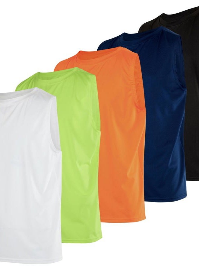 REALESSENTIALS 5 Pack: Boys Active Quick Dry Fit Tank Jersey Sleeveless Performance Sports Basketball Beach Gym Workout Running Fitness Athletic Undershirt Breathable Yoga Hiking Girls Teens School Outdoor Set 2, L - Image 1