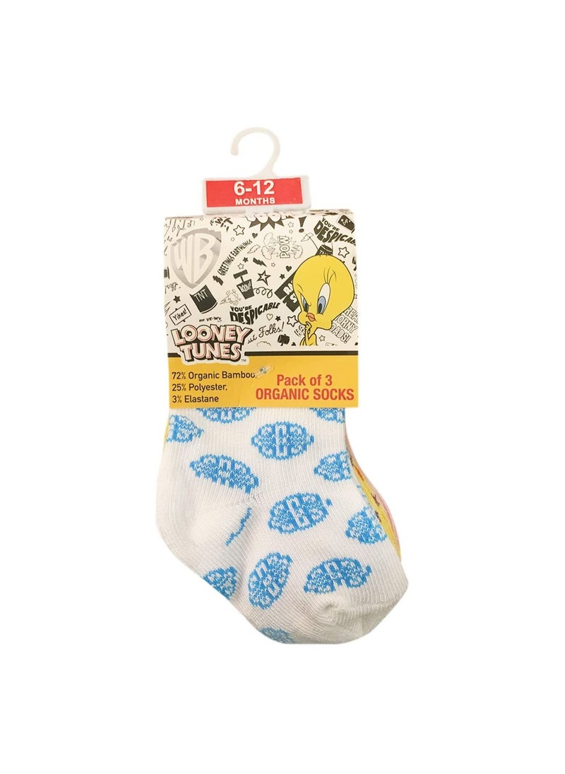 Looney Tunes Tweety Bamboo Cotton Sock - Printed (Pack Of 3) - White/Yellow/Pink 6-12M  - Image 1