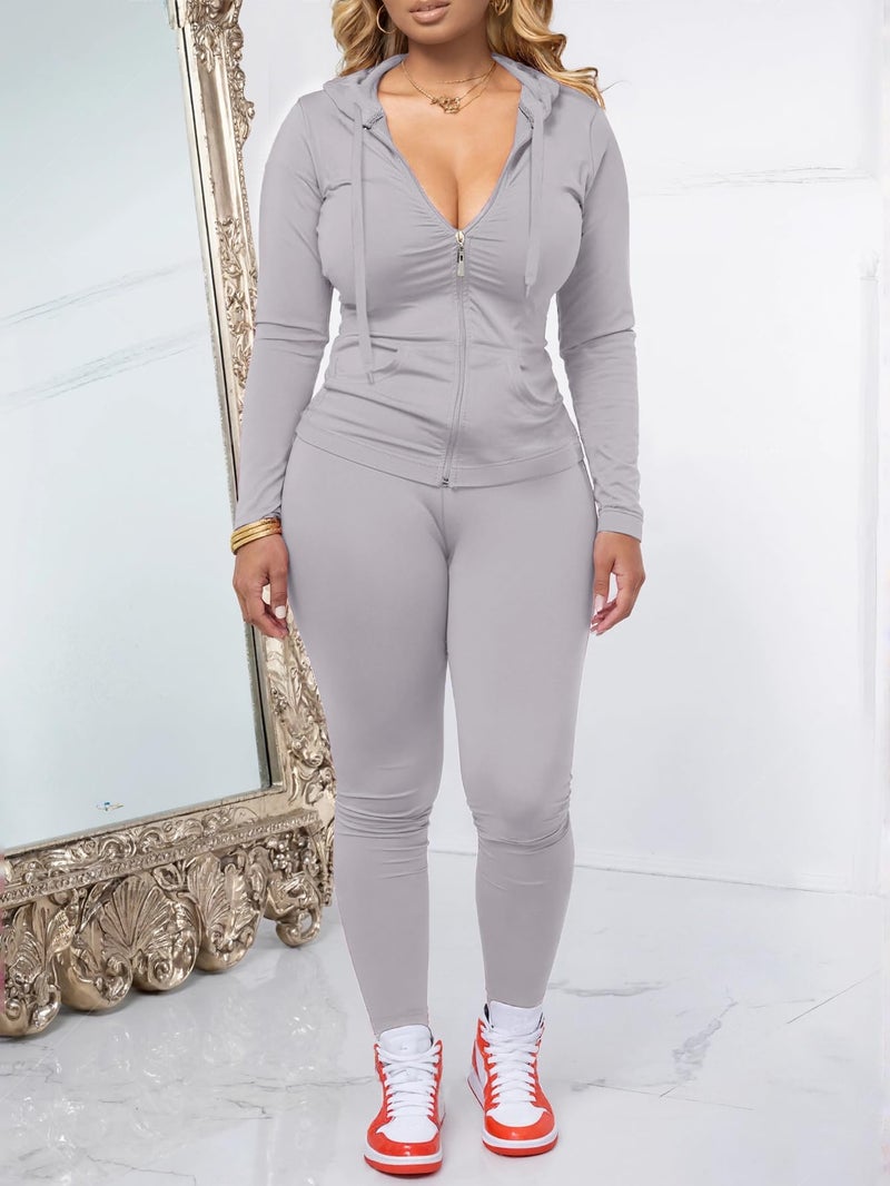 AUXDIO Women 2 Piece Outfits Casual Workout Sets Bodycon Tracksuit Zip Up Long Sleeve Hoodle Jacket Jogger Pants Set Grey S - Image 2