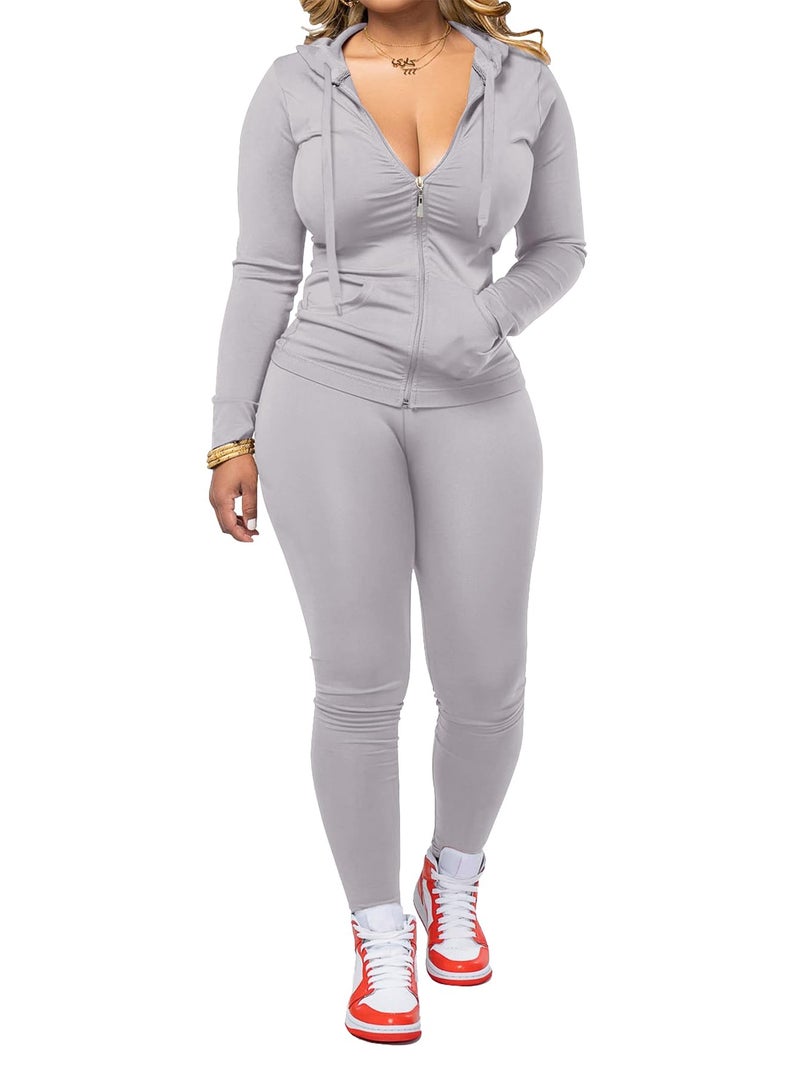 AUXDIO Women 2 Piece Outfits Casual Workout Sets Bodycon Tracksuit Zip Up Long Sleeve Hoodle Jacket Jogger Pants Set Grey S - Image 1