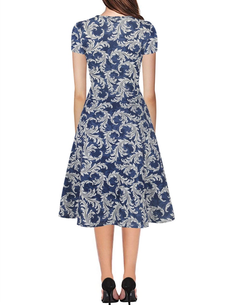 HELYO Modest Fit and Flare Dress for Women 50s Office Short Sleeve Casual Work Church Midi Dress 50s Vintage Stretchy Clothing 162 (Blue-White, S) - Image 2