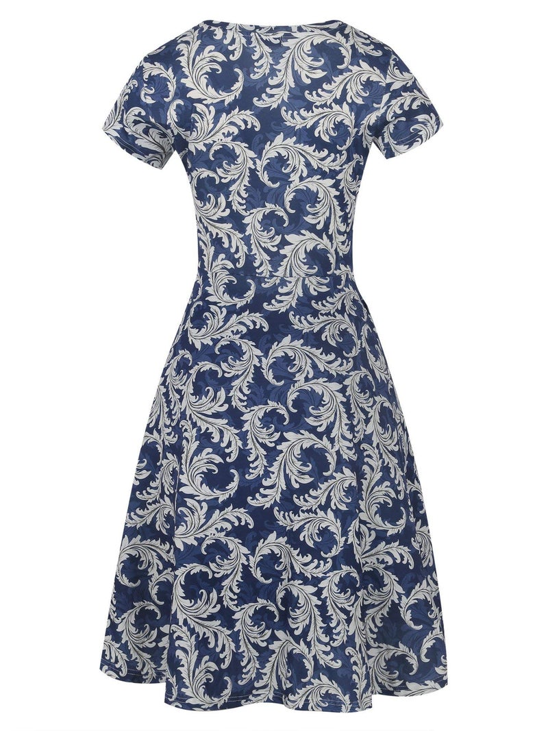 HELYO Modest Fit and Flare Dress for Women 50s Office Short Sleeve Casual Work Church Midi Dress 50s Vintage Stretchy Clothing 162 (Blue-White, S) - Image 4