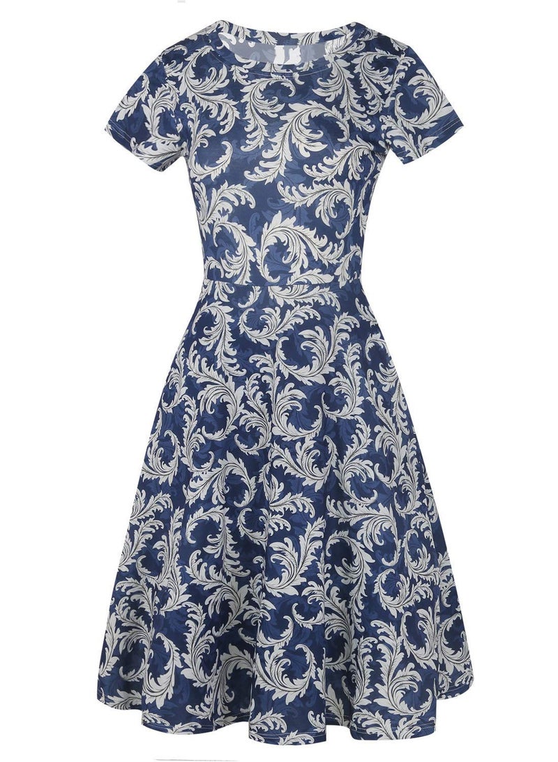 HELYO Modest Fit and Flare Dress for Women 50s Office Short Sleeve Casual Work Church Midi Dress 50s Vintage Stretchy Clothing 162 (Blue-White, S) - Image 3