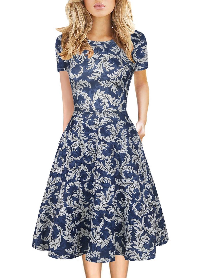 HELYO Modest Fit and Flare Dress for Women 50s Office Short Sleeve Casual Work Church Midi Dress 50s Vintage Stretchy Clothing 162 (Blue-White, S) - Image 1