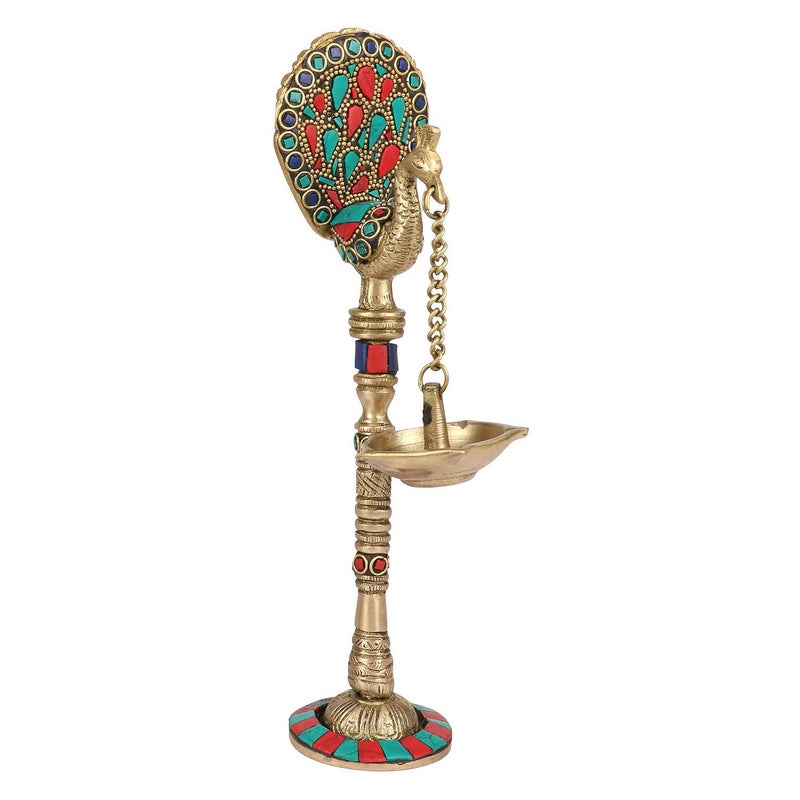 ARTVARKO ARTVARKO Brass Multicolor Peacock Chain Hanging Diya Showpiece Oil Lamp Deepak with Wick for Diwali Puja Pooja Lights Home Decoration Gifts Festivals 9 Inch  - Image 1