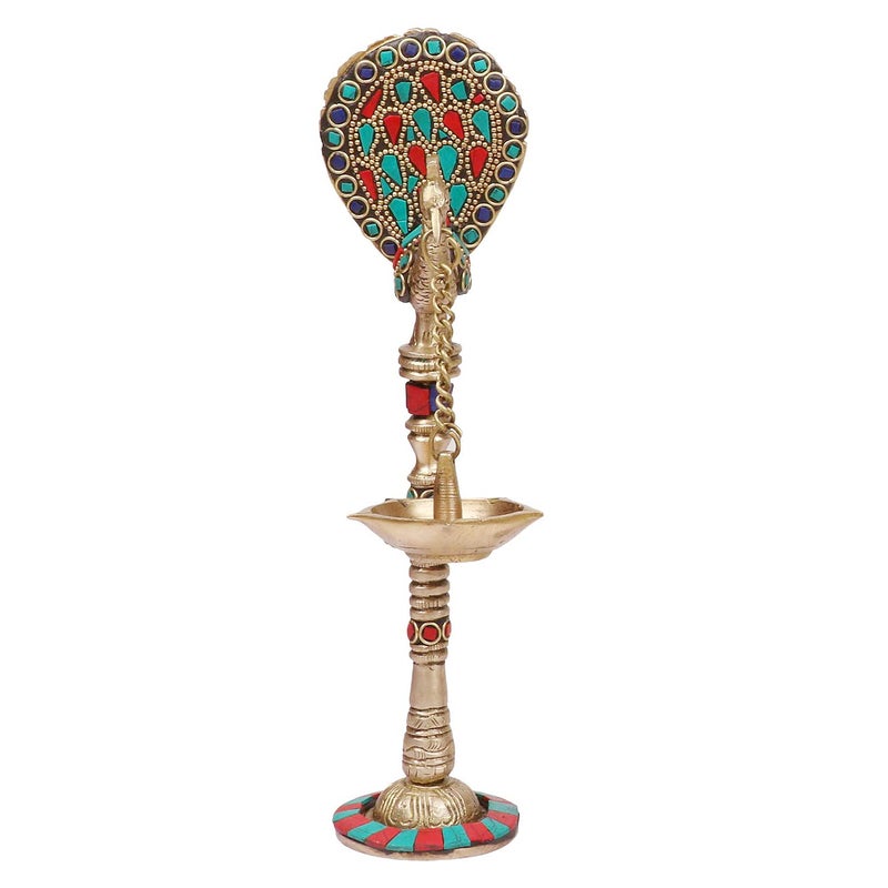 ARTVARKO ARTVARKO Brass Multicolor Peacock Chain Hanging Diya Showpiece Oil Lamp Deepak with Wick for Diwali Puja Pooja Lights Home Decoration Gifts Festivals 9 Inch  - Image 3