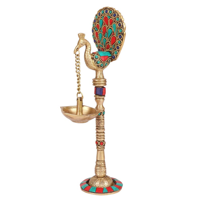 ARTVARKO ARTVARKO Brass Multicolor Peacock Chain Hanging Diya Showpiece Oil Lamp Deepak with Wick for Diwali Puja Pooja Lights Home Decoration Gifts Festivals 9 Inch  - Image 2