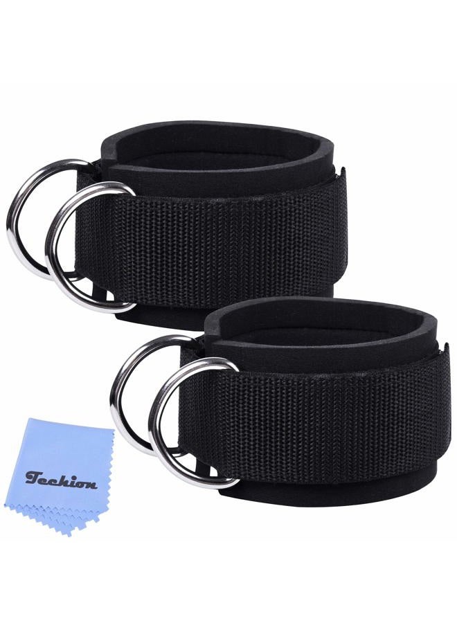 Techion 1 Pair of Fitness Ankle Straps for Cable Machine - Double D-Ring, Adjustable Comfort fit Neoprene - for Men and Women - Black - Image 1