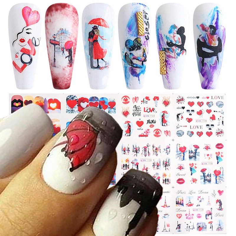 TBRZTR 12 Sheets Valentines Day Nail Stickers Love Tower Umbrella Patterns Design Water Transfer Decals Holographic Art Sticker Decal DIY Supplies Manicure Decoration Decal Red