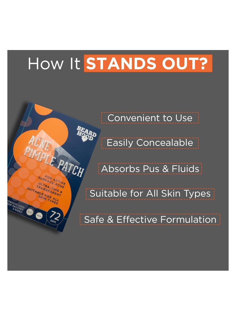 Beardhood Acne Pimple Patch | 72 Hydrocolloid Waterproof Patches | For Active Surface Acne | Absorbs Pimple Overnight, Reduces Excess Oi - Image 3