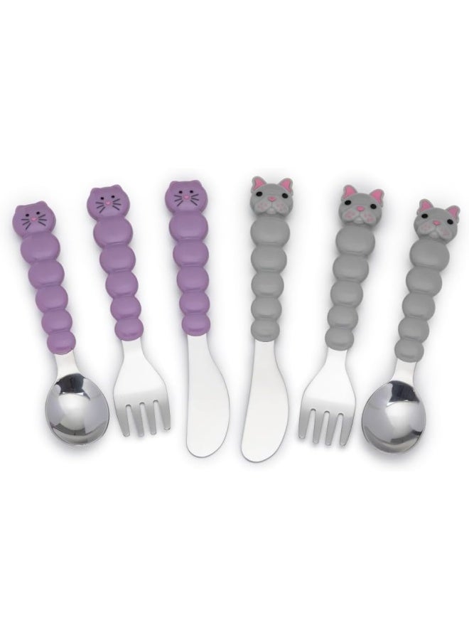 melii Kids Utensil Set for Kids - 6 Piece Cat & Bulldog Design, BPA Free Stainless Steel Spoons, Forks, and Knives, Dishwasher Safe - Purple & Grey - Image 1