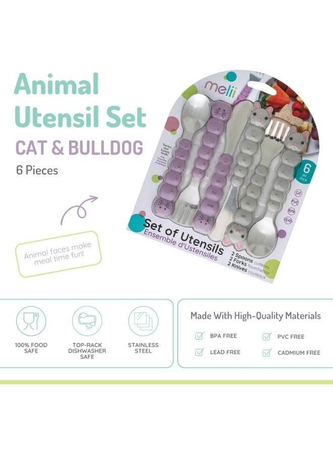 melii Kids Utensil Set for Kids - 6 Piece Cat & Bulldog Design, BPA Free Stainless Steel Spoons, Forks, and Knives, Dishwasher Safe - Purple & Grey - Image 3