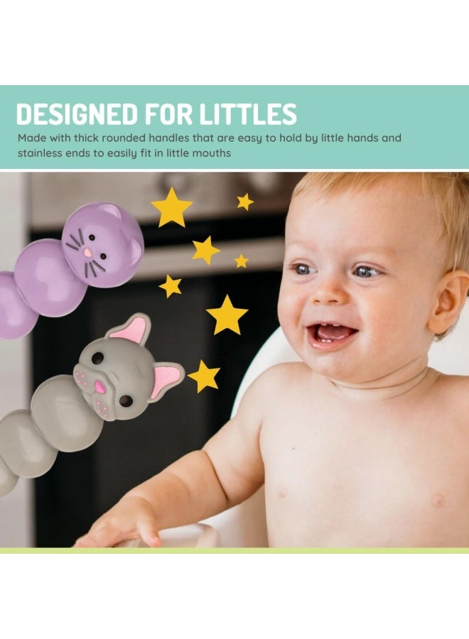 melii Kids Utensil Set for Kids - 6 Piece Cat & Bulldog Design, BPA Free Stainless Steel Spoons, Forks, and Knives, Dishwasher Safe - Purple & Grey - Image 4