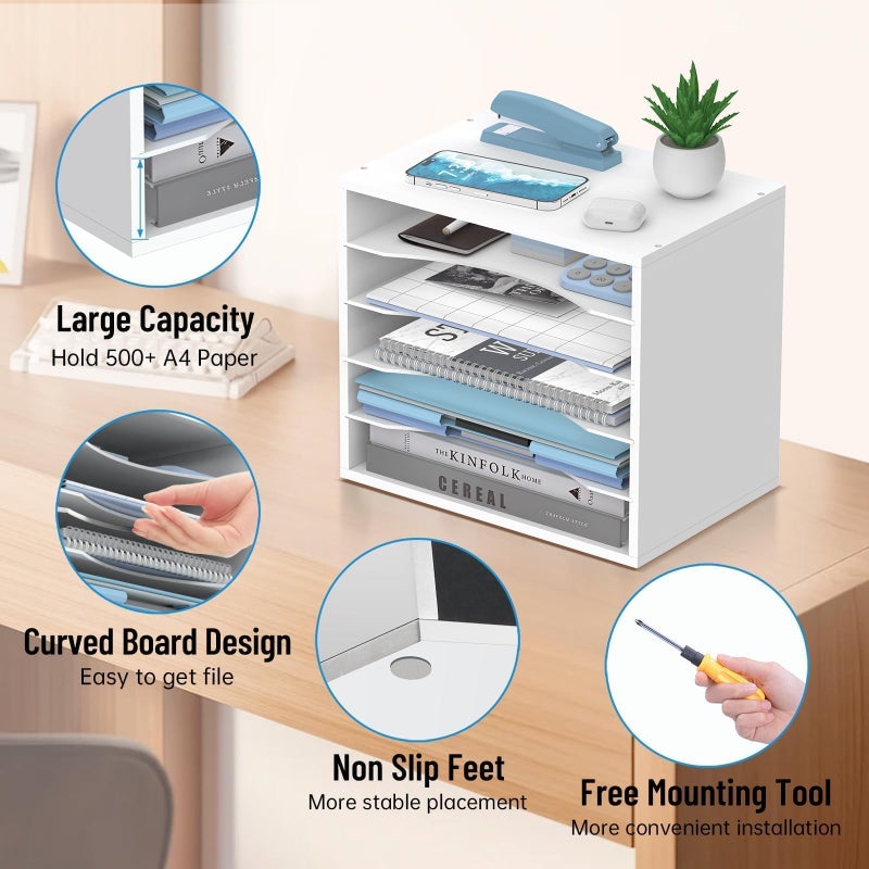 SHARKWOODS 5-Tier Wood Desk Organizer, Paper Tray Organizer for Desk with Adjustable Storage Shelves, Desktop File Organization Paper Sorter Mail Holder for Office Home Classroom, White - Image 5