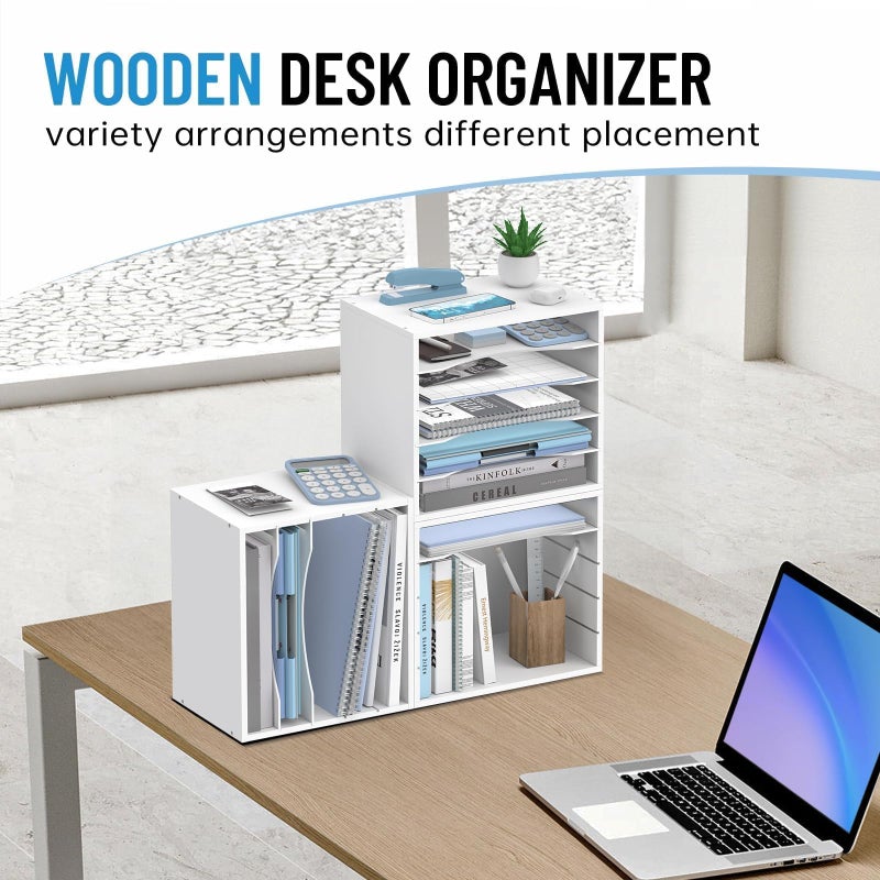 SHARKWOODS 5-Tier Wood Desk Organizer, Paper Tray Organizer for Desk with Adjustable Storage Shelves, Desktop File Organization Paper Sorter Mail Holder for Office Home Classroom, White - Image 2