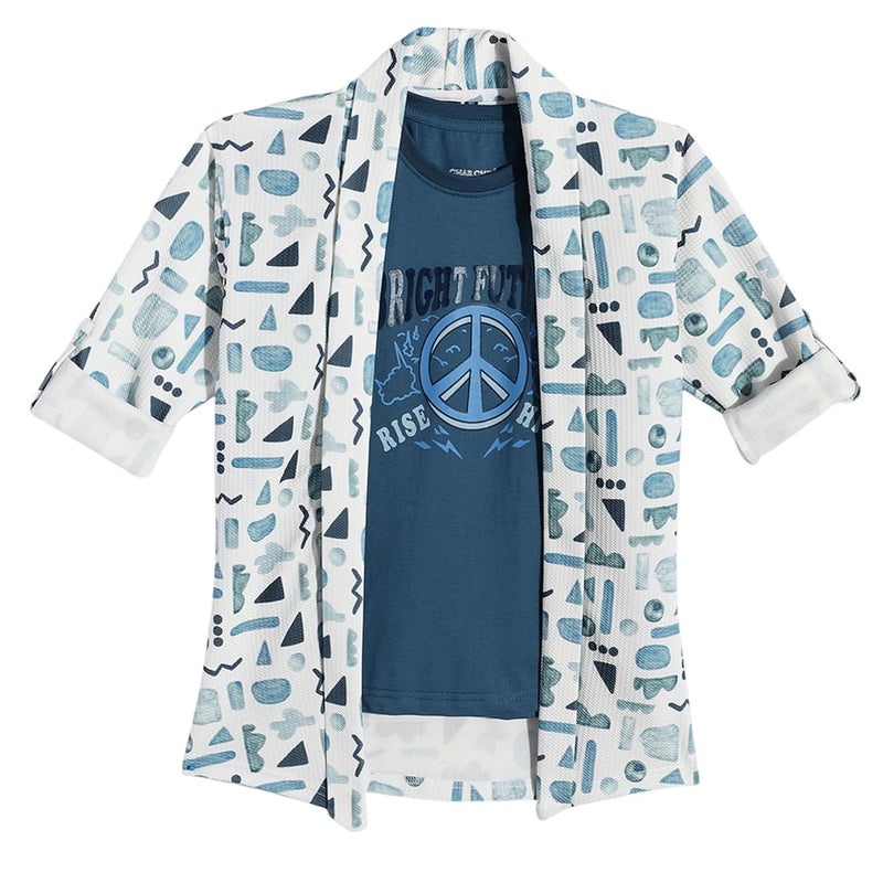 CAVIO Boys Full Sleeves Printed Shawl Collar Shrug and T-Shirt Set in Blue - Image 1