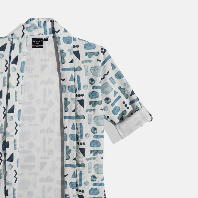 CAVIO Boys Full Sleeves Printed Shawl Collar Shrug and T-Shirt Set in Blue - Image 5