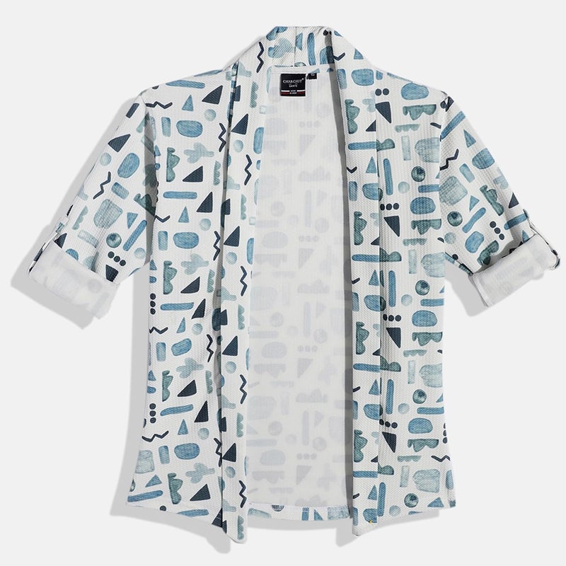 CAVIO Boys Full Sleeves Printed Shawl Collar Shrug and T-Shirt Set in Blue - Image 4
