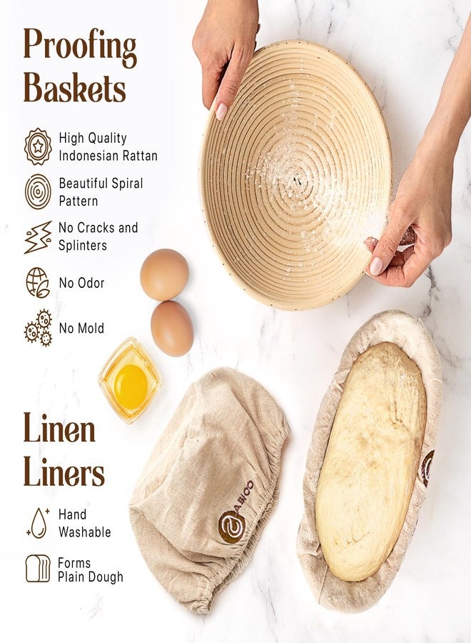 ABIOTO Banneton Bread Proofing Basket Set with Sourdough Bread Baking Supplies, A Complete Sourdough Starter Kit with Bread Lame, Danish Whish, Bowl & Dough Scraper, 2 Bread Slings, and Baking Mat - Image 4