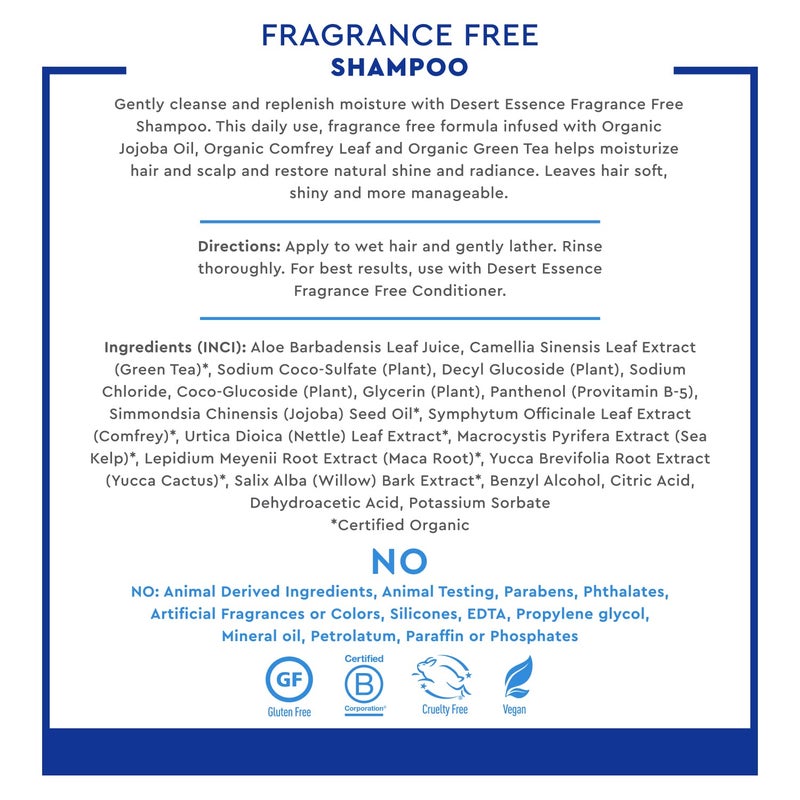 Desert Essence Organic Fragrance Free Shampoo - 8 fl oz - 2 Pack - Pure, Unscented - w/Aloe Vera, Jojoba Oil, Pro-Vitamin B5 - Calms, Soothes Sensitive Scalp - Nourishing, Revitalizing - No Parabens - Image 3