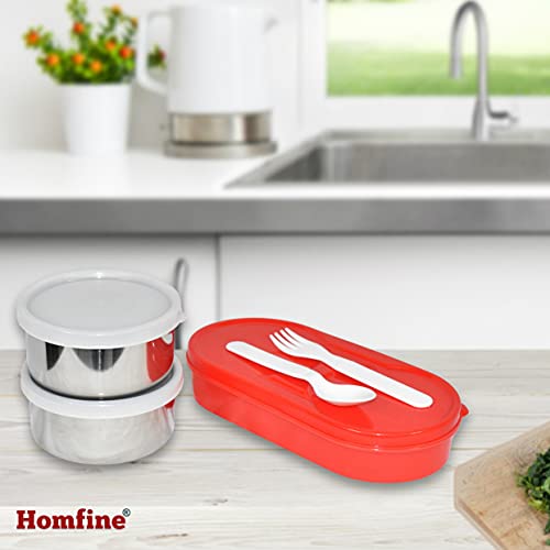 Homfine Lunch Box with 3 Containers Stainless Steel and Plastic | Insulated Fabric Zipper Bag Leak Proof Microwave Safe Full Meal Easy to Carry (Red, 1U) - Image 2