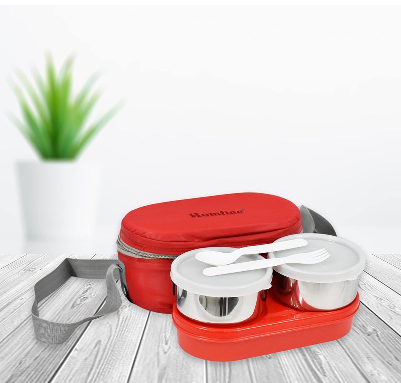 Homfine Lunch Box with 3 Containers Stainless Steel and Plastic | Insulated Fabric Zipper Bag Leak Proof Microwave Safe Full Meal Easy to Carry (Red, 1U) - Image 5