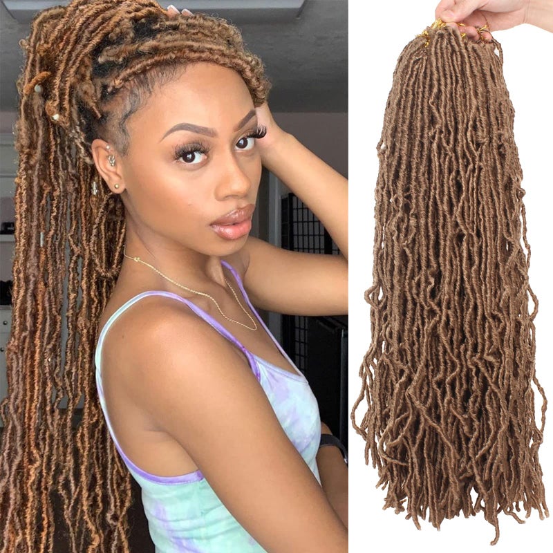 24 Inch 7 PacksLot New Faux Locs Crochet Hair PreLooped Light Brown Soft Locs Crochet Twist Braiding Hair Synthetic Goddess Locs Curly Wavy Crochet Braids Hair for Black Women 24 Inch 27