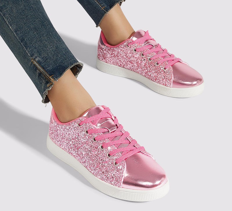 LUCKY STEP Glitter Shoes Sparkly Bling Shiny Bedazzled Lace up Fashion Sneakers for Women (Hot Pink,8 B(M) US) - Image 2