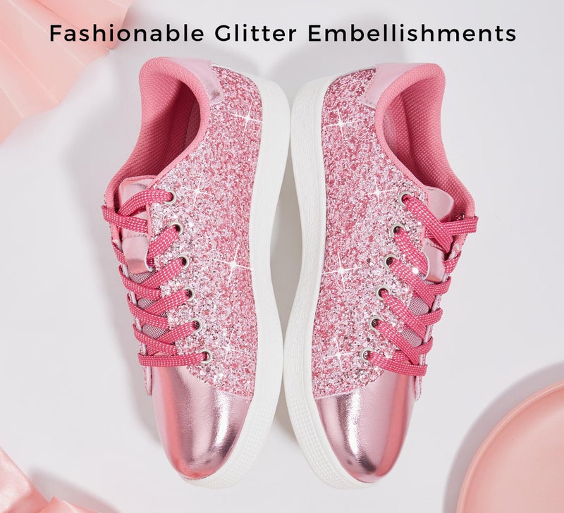 LUCKY STEP Glitter Shoes Sparkly Bling Shiny Bedazzled Lace up Fashion Sneakers for Women (Hot Pink,8 B(M) US) - Image 3