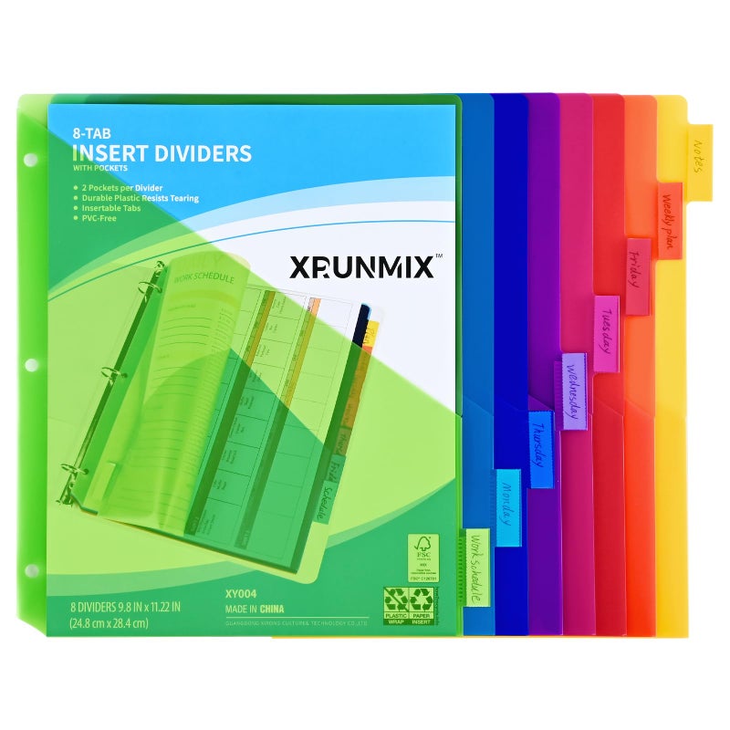 XRUNMIX 8-Tab Binder Dividers - Index Pockets Divider for 3 Ring Binders, 3-Hole Plastics Sheets Protectors for US Letter Size in 0.5'', 1'', 2'', 3 inch Binders, 8 Colors (XY004) (1 Pack) - Image 1