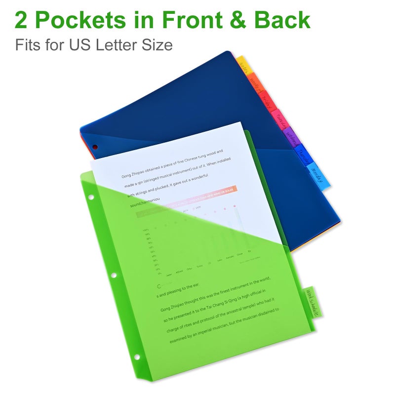 XRUNMIX 8-Tab Binder Dividers - Index Pockets Divider for 3 Ring Binders, 3-Hole Plastics Sheets Protectors for US Letter Size in 0.5'', 1'', 2'', 3 inch Binders, 8 Colors (XY004) (1 Pack) - Image 4