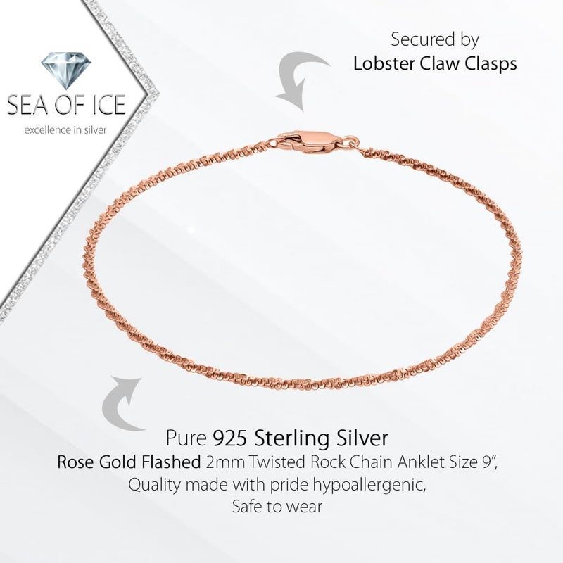 SEA OF ICE Rose Gold Flashed Sterling Silver 2mm Twisted Rock Chain Anklet, Size 11" - Image 2