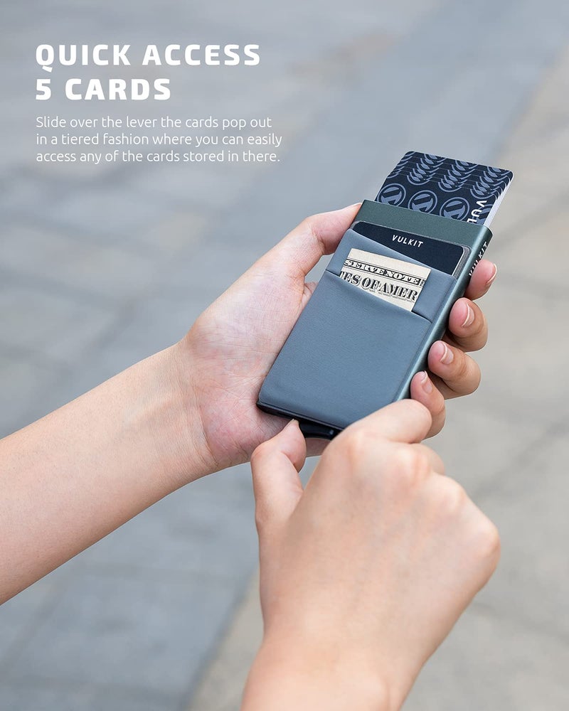 VULKIT VULKIT Card Holder with Money Pocket Pop Up Wallet RFID Blocking Slim Metal Bank Card Case Holds 5 Cards and Notes(Space Grey)  - Image 2