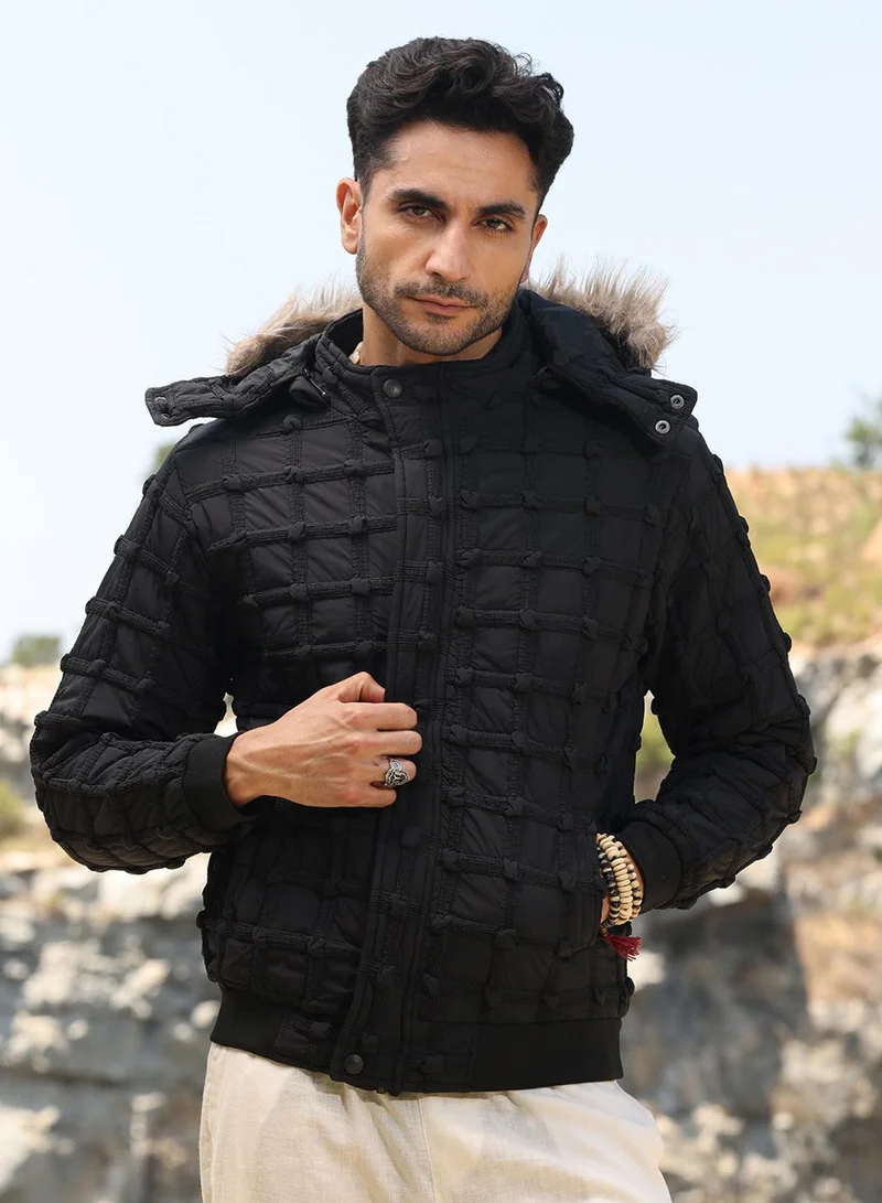 Campus Sutra Men's Carbon Black Self-Design Puffer Jacket With Fleece Hood