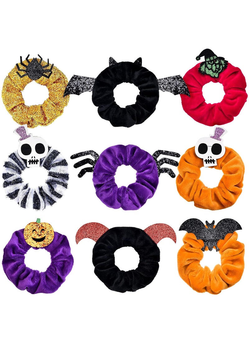 Waydress 9 Pieces Halloween Hair Scrunchies Pumpkin Hair Scrunchies Candy Bat Owl Spider Web Devils Horn Hair Ties Soft Elastic Hair Bands Stripe Hair Scrunchy Ties Hair Accessories for Women Girls 