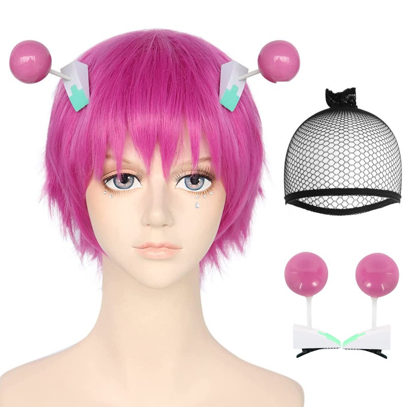 ANOGOL Hair Cap 2 Hairpins Saiki k Wig for Cosplay Saiki K Hair Clips Short Pink Wig Pink Cosplay Wigs for Men Women Synthetic Hot Pink Hairs Wigs for Anime Halloween Costume Party