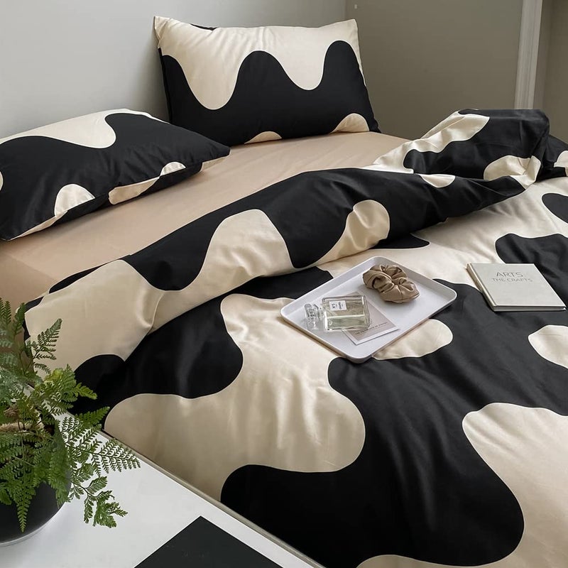 LAYENJOY Geometric Duvet Cover Set Twin, 100% Cotton Bedding, Cream White Black Cows Pattern Printed, Modern Comforter Cover for Single Bed, 3 Piece No Comforter - Image 4