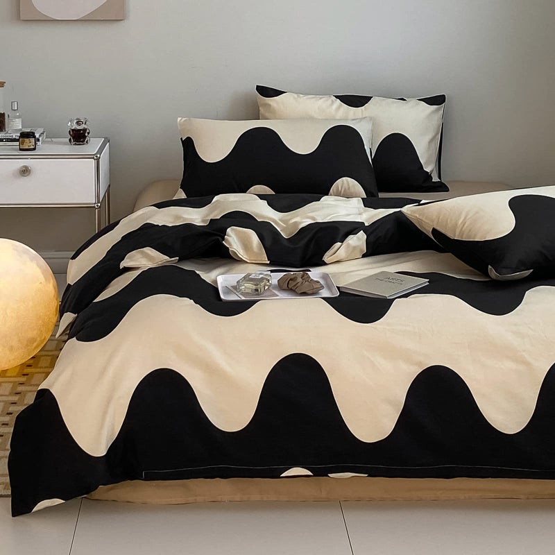 LAYENJOY Geometric Duvet Cover Set Twin, 100% Cotton Bedding, Cream White Black Cows Pattern Printed, Modern Comforter Cover for Single Bed, 3 Piece No Comforter - Image 1