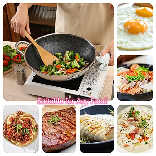 Hikaru 12.5” Wok Pan with Dual Honeycomb Wok Stainless Steel Wok Pan with Nonstick Coating, Frying Pans Cookware, Two Handles,Works with Induction ,Gas, Electric, Ceramic Furnace Stove, Without Lid - Image 2