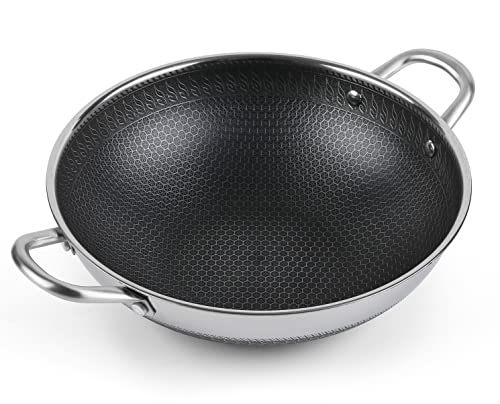 Hikaru 12.5” Wok Pan with Dual Honeycomb Wok Stainless Steel Wok Pan with Nonstick Coating, Frying Pans Cookware, Two Handles,Works with Induction ,Gas, Electric, Ceramic Furnace Stove, Without Lid - Image 1