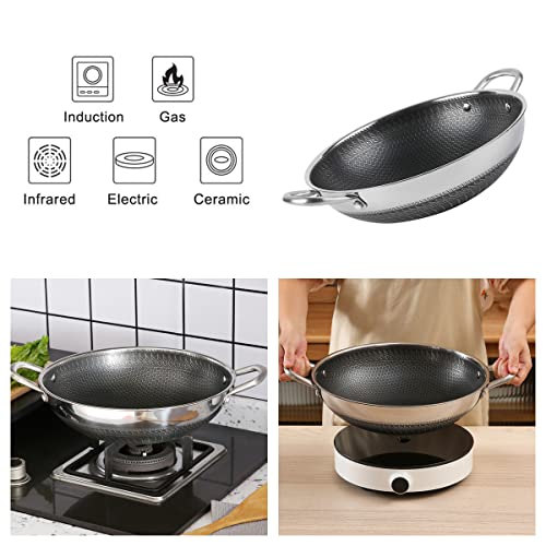 Hikaru 12.5” Wok Pan with Dual Honeycomb Wok Stainless Steel Wok Pan with Nonstick Coating, Frying Pans Cookware, Two Handles,Works with Induction ,Gas, Electric, Ceramic Furnace Stove, Without Lid - Image 3