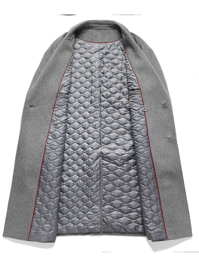 Men's Double-Sided Woolen Casual Coat With Thickened Lining Long Jacket Overcoat With Pockets Grey